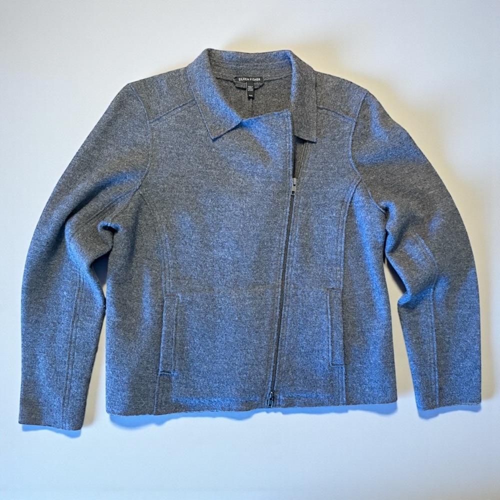 Eileen Fisher Wool Alpaca Herringbone Motorcycle Jacket Medium Moon Gray  Moto - Picture 2 of 12